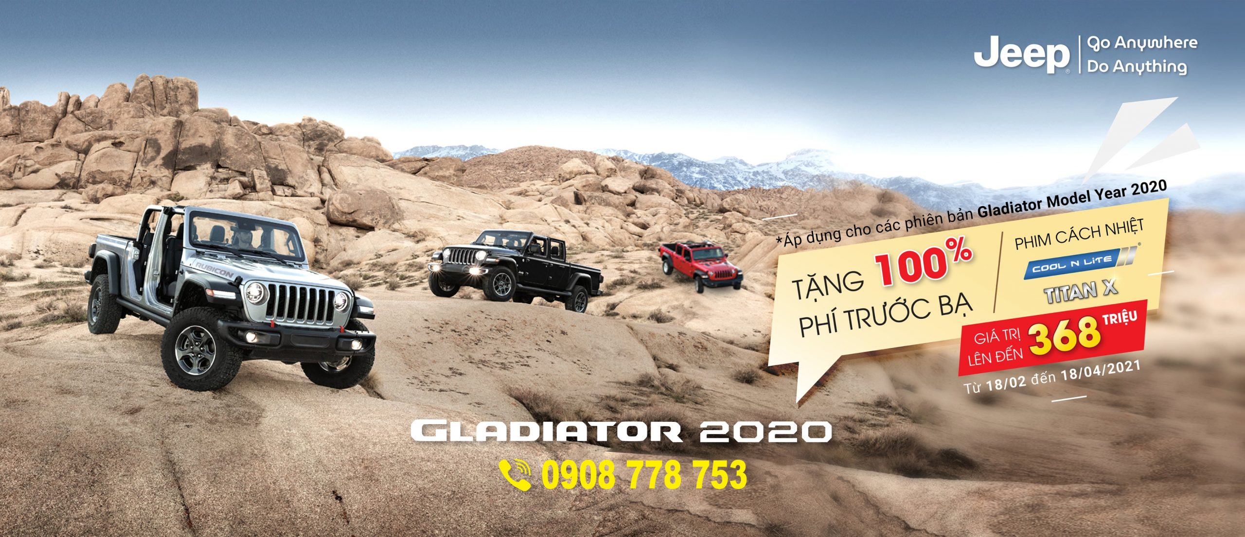 Tặng 100% phí trước bạ lên đến 368 triệu đồng khi mua Jeep Gladiator 2020